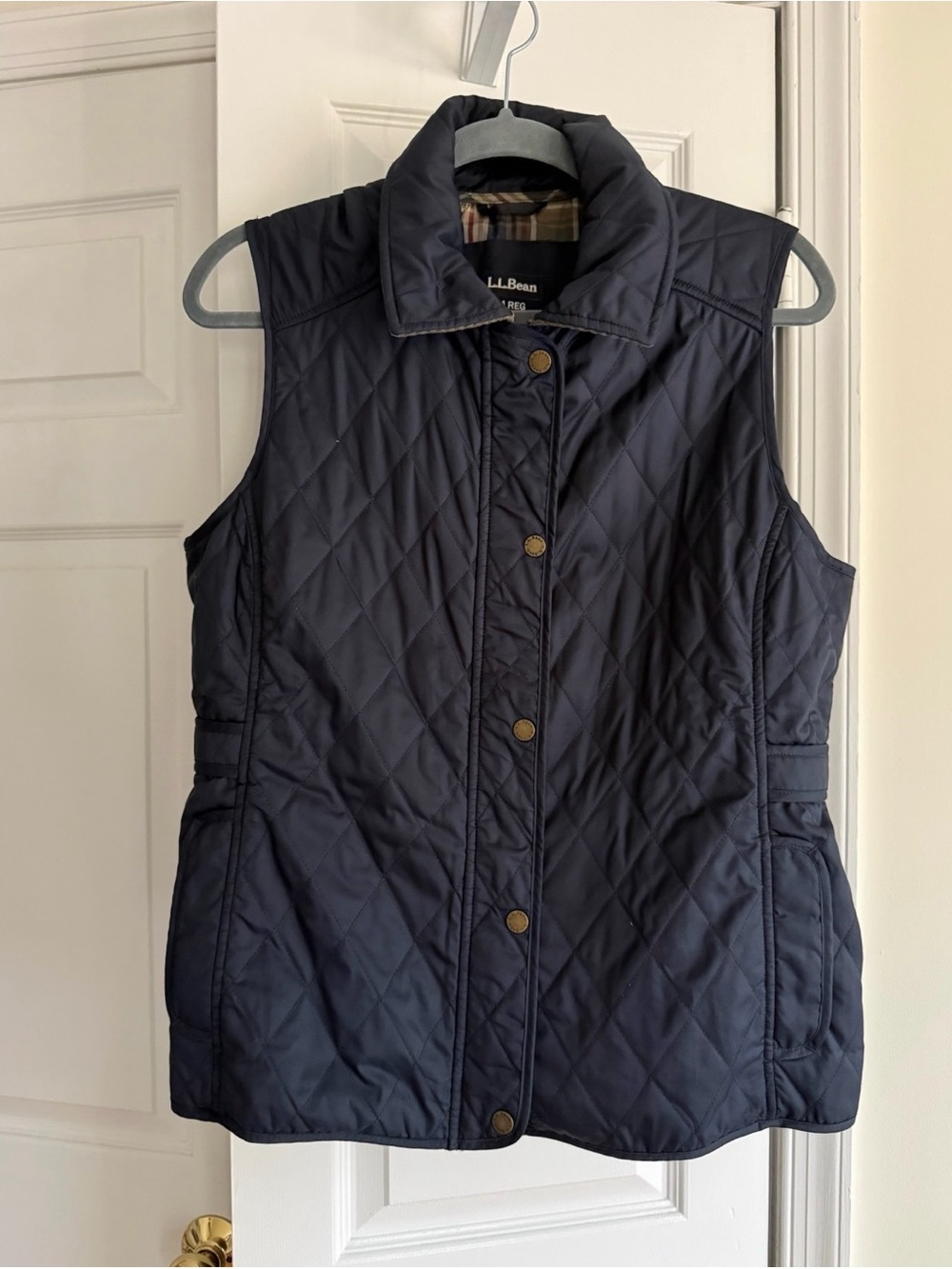 L.L.Bean Navy Quilted Riding Vest Plaid Lined Women’s Medium